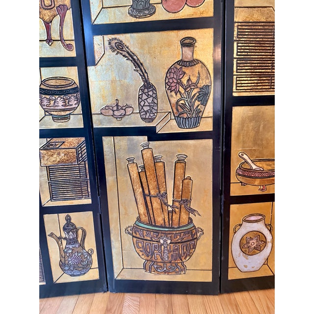 Gold 1970s Chinese Six-Panel Carved Gold Lacquered Coromandel Screen For Sale - Image 8 of 12