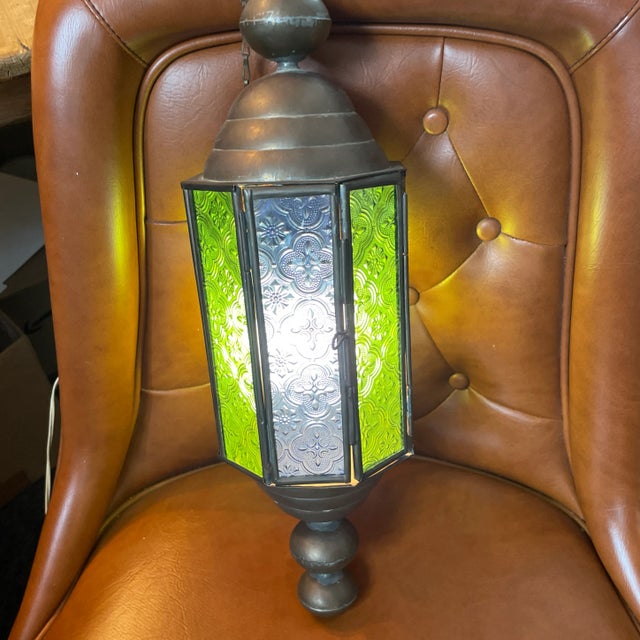 1940s Vintage Stained Glass and Brass Church Pendant Light Fixtures a Pair For Sale - Image 12 of 12