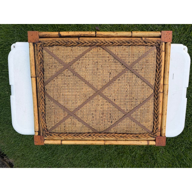 Vintage decorative tack board crafted from split bamboo with an intricately braided rattan border and woven natural-fiber...