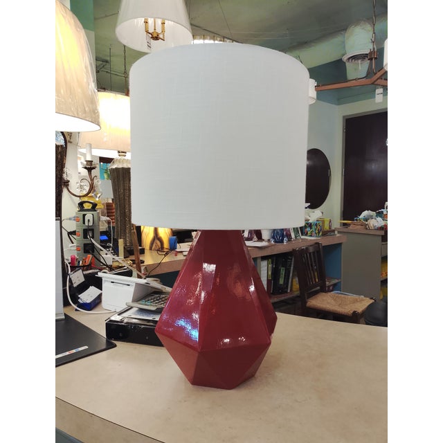 2010s Modern Robert Abbey Red Lamp With Linen Drum Shade For Sale - Image 5 of 6