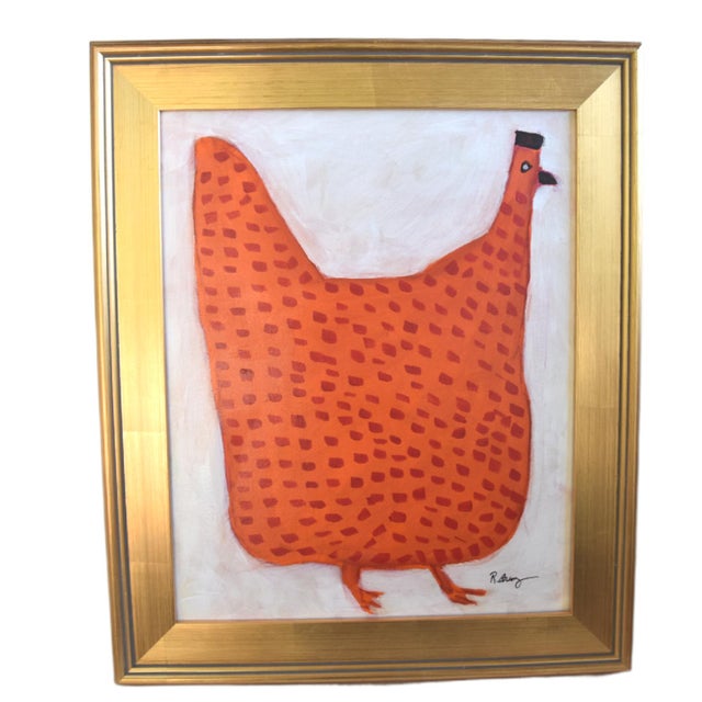 2020s Folk Art Orange Chicken Hen Rooster Painting Ruth Arenz Including the Antiqued Gold Wood Frame For Sale - Image 5 of 5