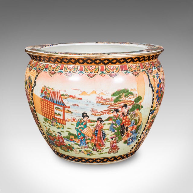 Art Deco Vintage Planter on Stand Duo, Japanese, Ceramic Fishbowl Jardiniere, Art Deco For Sale - Image 3 of 12