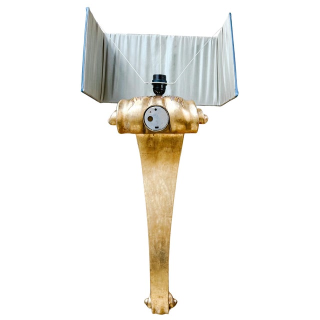 Mid 20th Century French Grand Scale Parisian Giltwood Corbel Sconces With Blue Pleated Silk Shades - a Pair For Sale - Image 13 of 13