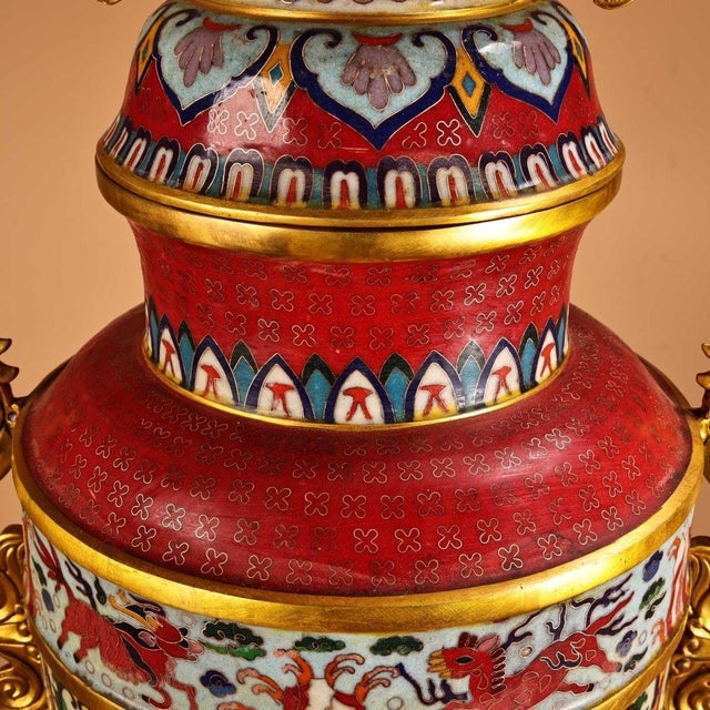 Metal 1970s Monumental Pair of Chinese Cloisonné Enamel Vases With Gilt Dragon Handles For Sale - Image 7 of 9