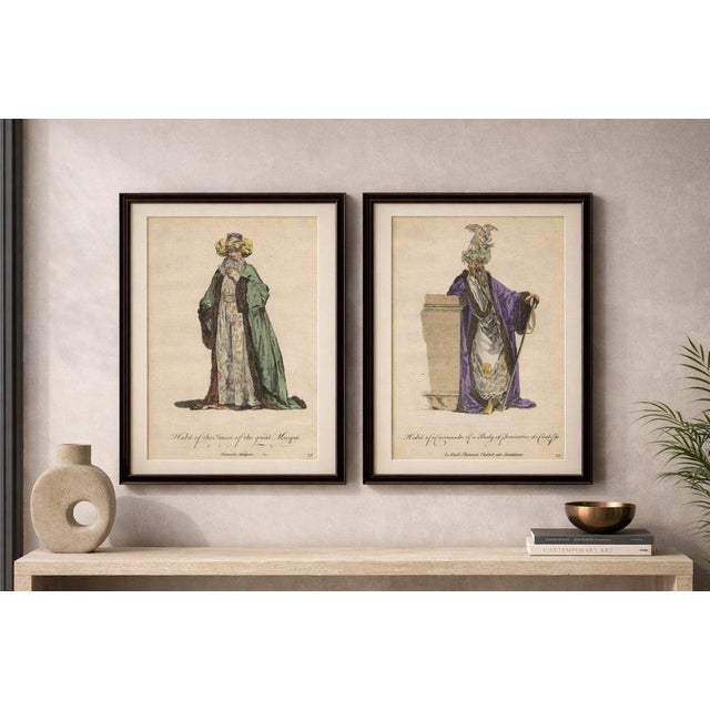 Ottoman Costume Prints Pair, Imam & Court Official, Hand-Colored 1749 A refined and visually striking pair of 18th-century...