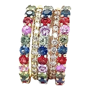 3.38 Carat Multi Color Sapphire Diamond Stackable Gold Bands Size 7 - Set of 5