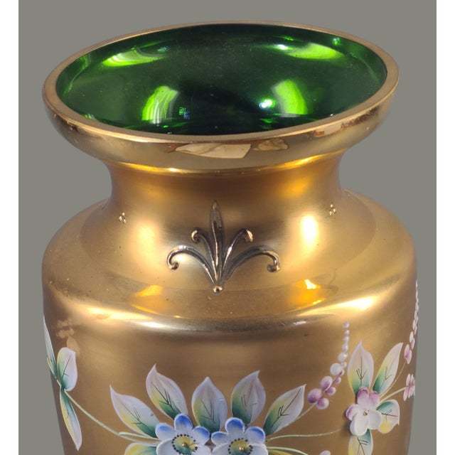 Vintage Bohemian Heavily Gilded High Enamel Floral Green Crystal Art Glass Vase For Sale - Image 4 of 11