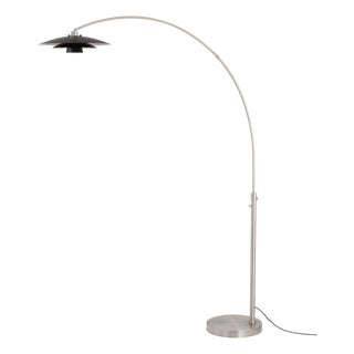 Rancho Mirage Float Arc Lamp - Modern Floor Lamp, Satin Nickel, Fleur Matte Black Shade, Dimmable For Sale