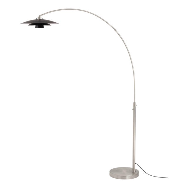 Rancho Mirage Float Arc Lamp - Modern Floor Lamp, Satin Nickel, Fleur Matte Black Shade, Dimmable For Sale
