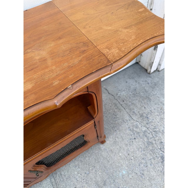 Vintage French Provincial Wood Server Cabinet With Drop-Leaf Top & Lattice Doors For Sale - Image 10 of 12