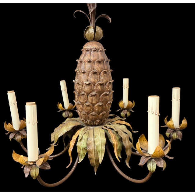 1960s Hollywood Regency Italian Pineapple Painted Tole and Wood Chandelier - 6 Arms For Sale - Image 5 of 5