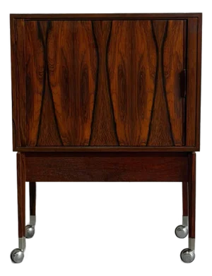 Rosewood Rolling Bar Cart Server Cabinet With Sliding Door Denmark 1960s