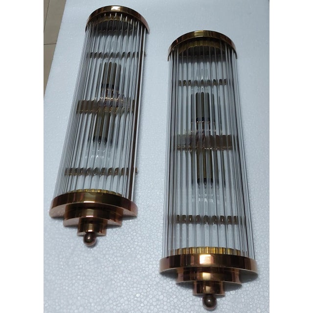 Art Deco Pair Vintage Art Deco Skyscraper Wall Sconces Fixture Brass & Glass Rod Ship Light For Sale - Image 3 of 7
