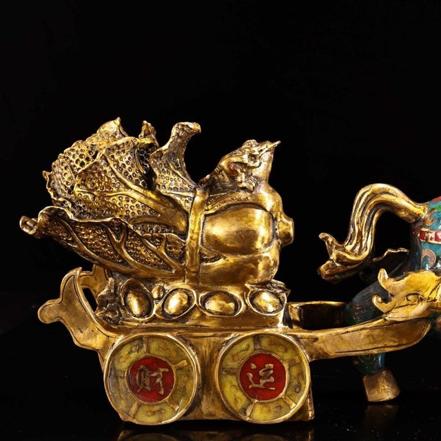 Turquoise Large Vintage Cloisonné Horse Pulling Treasure Cart - 15.7" Wide For Sale - Image 8 of 9