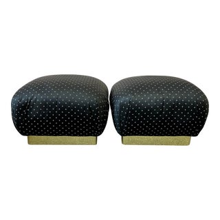 1970s Vintage Marge Carson Style Black and White Ottoman With Brass Base - Set of 2 For Sale