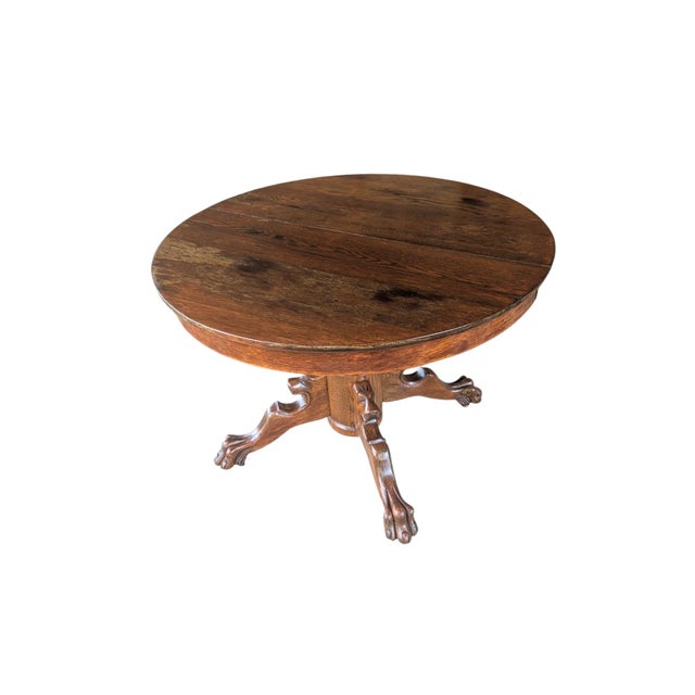 American Antique Carved Oak Lion Head Pedestal Dining Table With 3 Leaves - 42" to 69" For Sale - Image 3 of 16