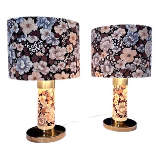 Large Brutalist Table Lamps in Velvet and Brass with Opulent Floral Decor, 1970s, Set of 2 For Sale
