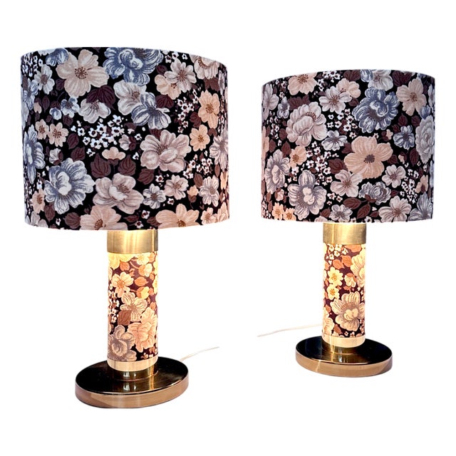Large Brutalist Table Lamps in Velvet and Brass with Opulent Floral Decor, 1970s, Set of 2 For Sale