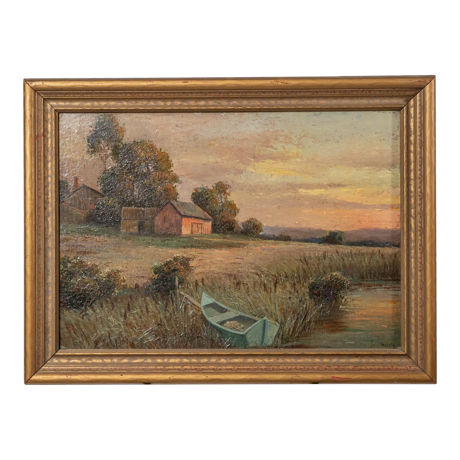 Hans Jan Nosek – Original 1910 Oil Painting of Farm Landscape at Sunset ...