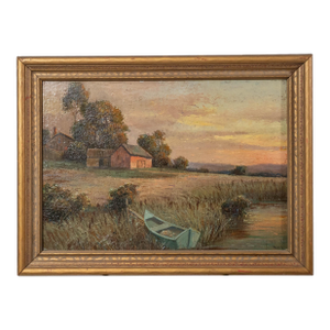 Hans Jan Nosek – Original 1910 Oil Painting of Farm Landscape at Sunset, Framed