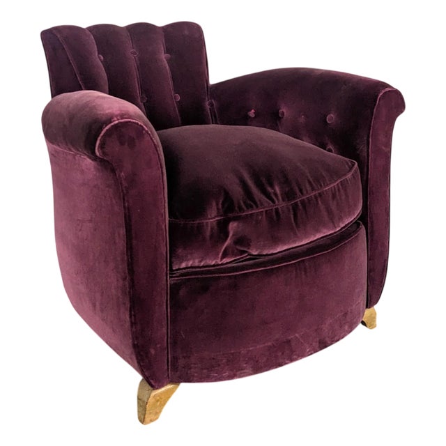 Art Deco Armchair in Aubergine Velvet For Sale