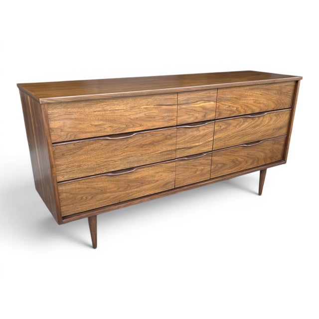 Restored Mid-Century Modern Walnut 9-Drawer Dresser With Recessed Pulls For Sale - Image 4 of 12