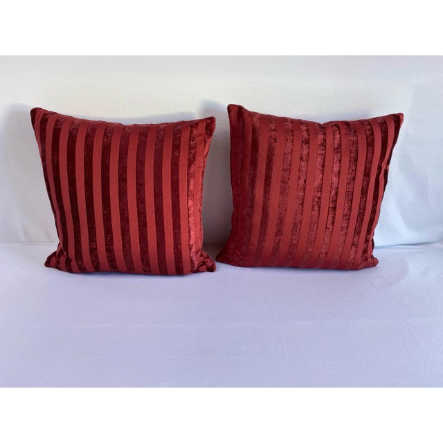 Custom made double sided velvet stripe pillows with invisible zipper and feather down insert.