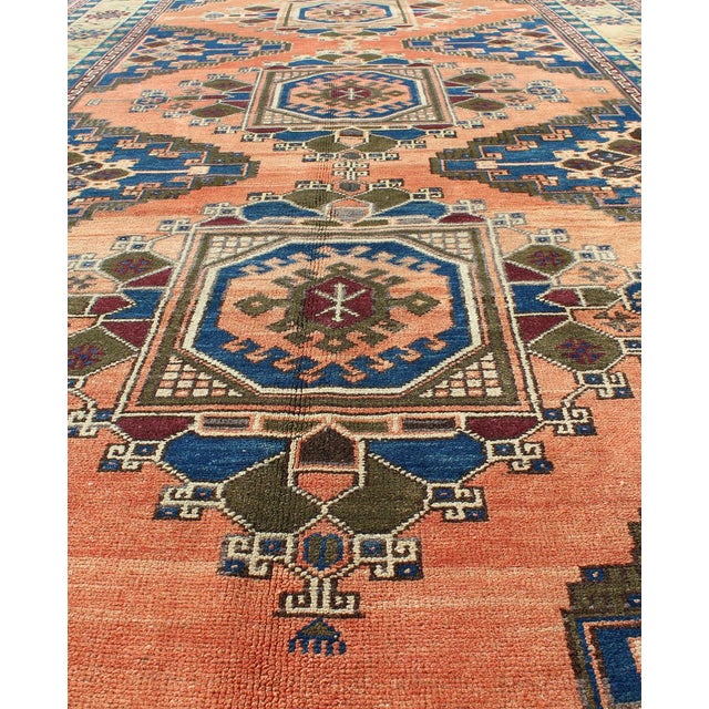 Textile Vintage Oushak Rug From Turkey With Medallions in Salmon Pink and Blue 5'5 X 11'4 For Sale - Image 7 of 8