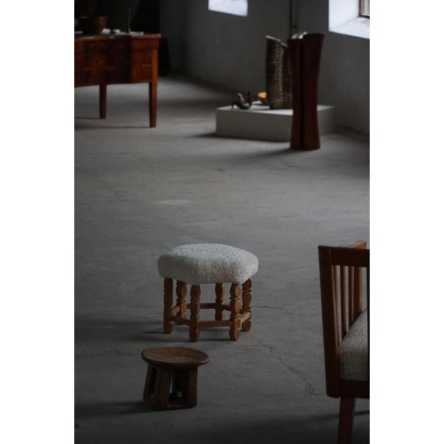 Mid-Century Modern Danish Hexagonal Oak Stool with Shearling Lambswool Upholstery, 1950 For Sale - Image 9 of 14