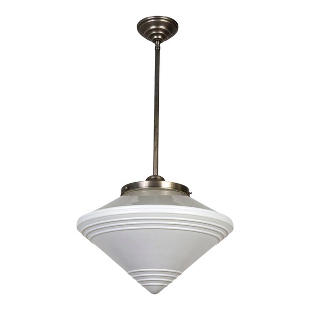 1920s Large Art Deco Milk Glass Spinning Top Pendant For Sale