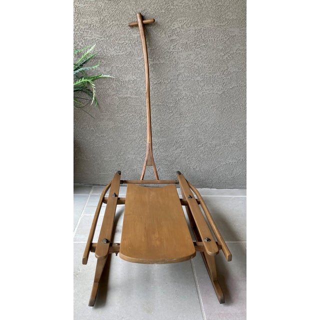Circa 1920 Solid Hickory Wood & Metal Transport Sled With Moveable Pull Handle For Sale - Image 4 of 18