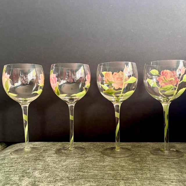 Vintage Rose Balloon Wine Glasses Hand-Painted Style Pink Roses - Set of 4 For Sale In Miami - Image 6 of 8