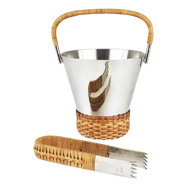 Vintage Nickel-Plated Ice Bucket and Tongs by Carl Auböck, Austria, 1950s, Set of 2 For Sale