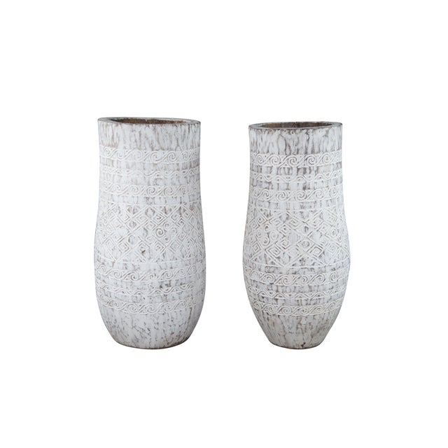 Contemporary Late 20th Century 2 Bohemian Carved Palm Tree Trunk Planters Boho Chic Sculptural Vase Pair 40" For Sale - Image 3 of 12