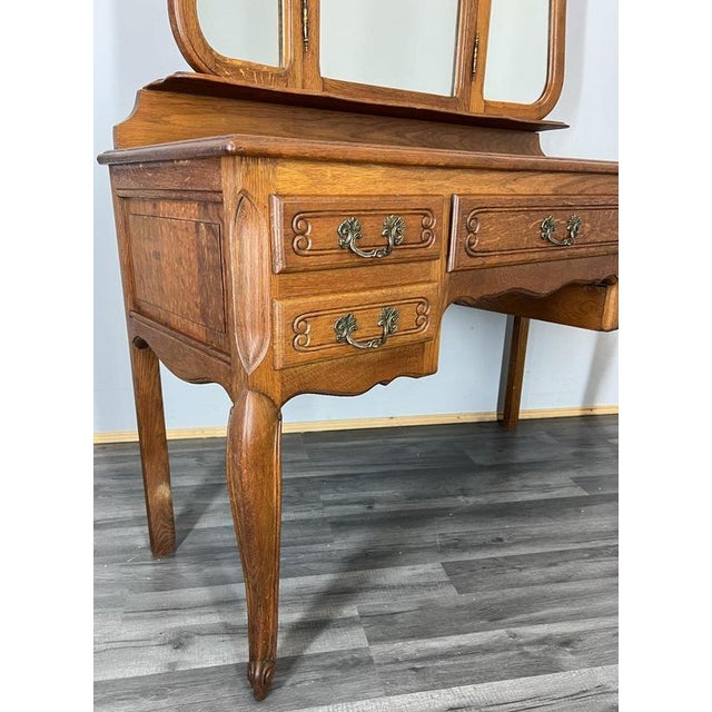 Brown Vintage French Louis Style Oak Dressing Table with Mirror For Sale - Image 8 of 15