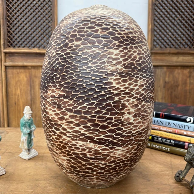 Large Round Ceramic Vase with Brown & Cream Snakeskin Design For Sale - Image 4 of 11