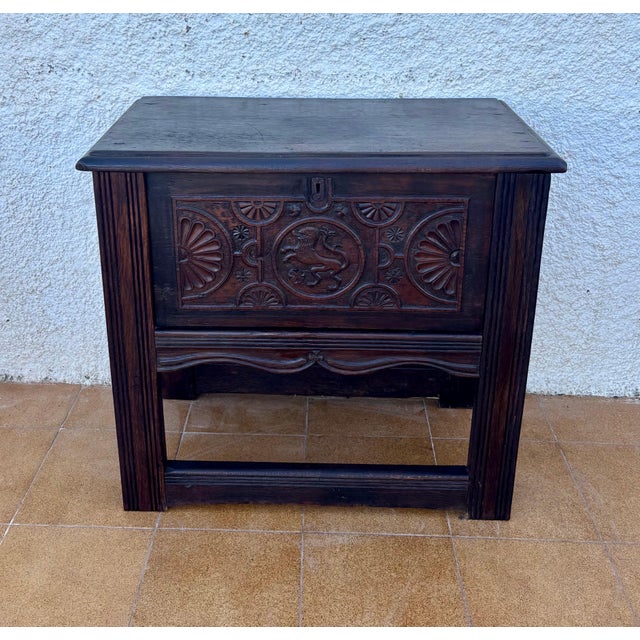 Spanish Renaissance Revival Carved Oak Chest with Lift Top, Early 20th Century For Sale - Image 13 of 16