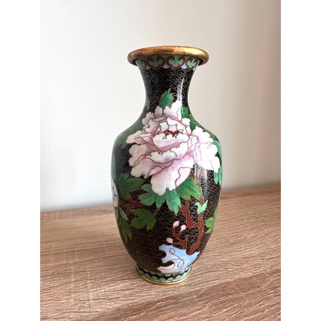 Vintage Chinese Black Cloisonné Enamel Peony & Butterfly Vase, 8" For Sale - Image 12 of 13