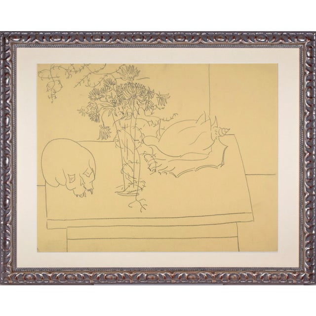 Vintage Mid Century Modernist Floral Still Life Drawing With Conch Shell and Skull by Achillo Sullo C. 1950s For Sale