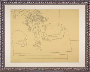 Vintage Mid Century Modernist Floral Still Life Drawing With Conch Shell and Skull by Achillo Sullo C. 1950s