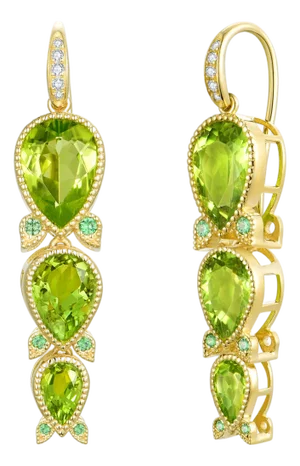 Nina Zhou Lily of the Valley 7.40ctw Peridot Tsavorite Diamond Drop Earrings in 14k Yellow Gold, A Pair