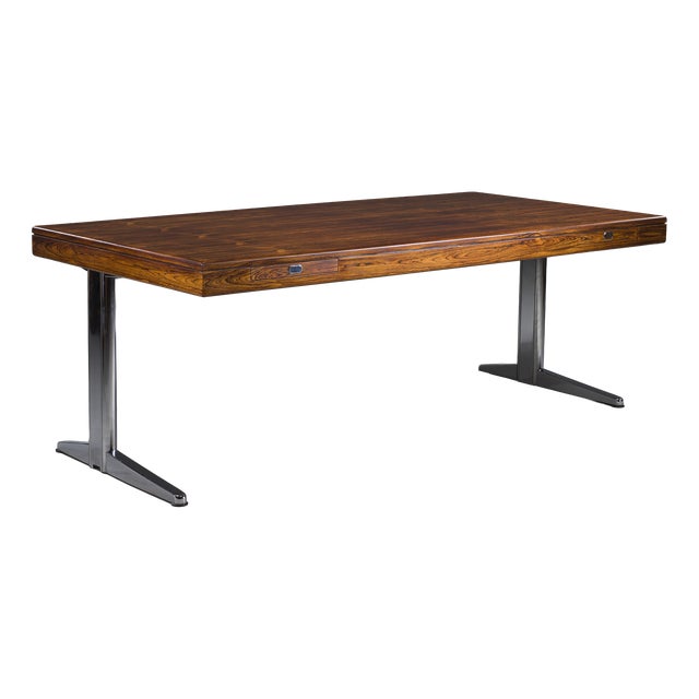 Executive Desk in Fine Hardwood Veneer on Nickel-Plated Steel Legs, 1970s For Sale