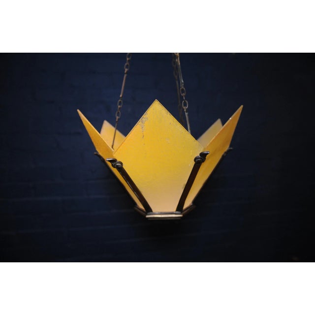 Vintage Art Deco Brass Crown-Shaped Pendant Light with Yellow Frosted Glass Panes For Sale - Image 6 of 7