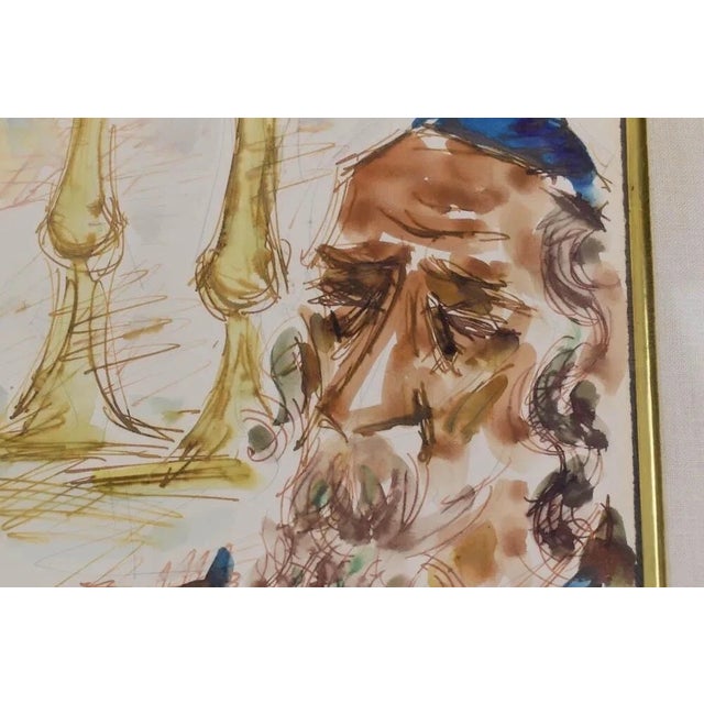 1970s Large Chaim Gross Original Watercolor Rabbi Man in Prayer Judaica Painting Art For Sale - Image 5 of 5