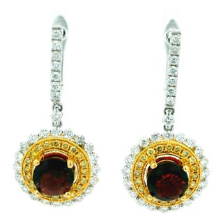 Italian Two-Tone Garnet & Diamond Drop Earrings in 14k Gold, A Pair For Sale