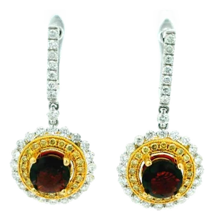 Italian Two-Tone Garnet & Diamond Drop Earrings in 14k Gold, A Pair
