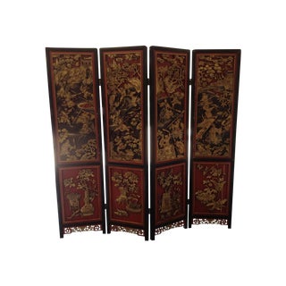 Chinese Lacquered and Gilt Wood Carved Screen For Sale