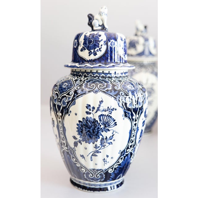 Blue Large Mid-Century Dutch Delft Lidded Ginger Jars Vases - A Pair For Sale - Image 8 of 14