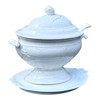 Antique English Ironstone Soup Tureen Complete Set With Ladle & Underplate Circa 1860 For Sale