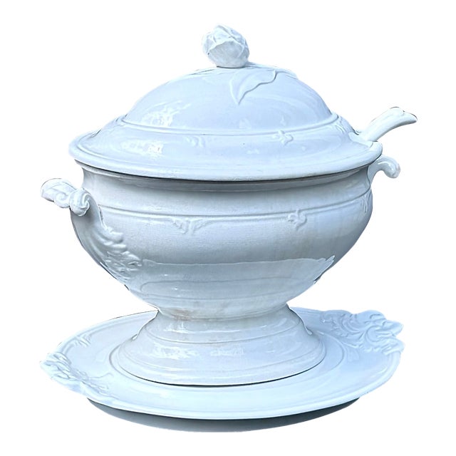 Antique English Ironstone Soup Tureen Complete Set With Ladle & Underplate Circa 1860 For Sale